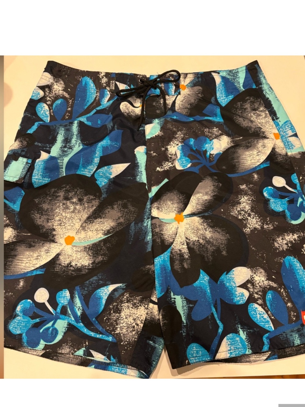 Costa Brava Mens Large Board Short Black Blue White Floral Drawstring Waist Swim